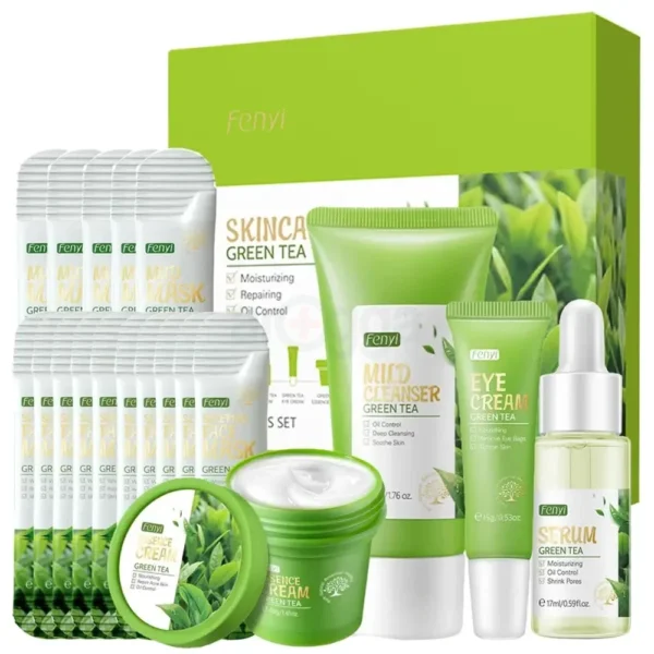 Fenyi Skincare Green Tea Set (Cleanser, Serum, Eye Cream, Essence Cream, Sleeping Face Mask & Mud Mask)