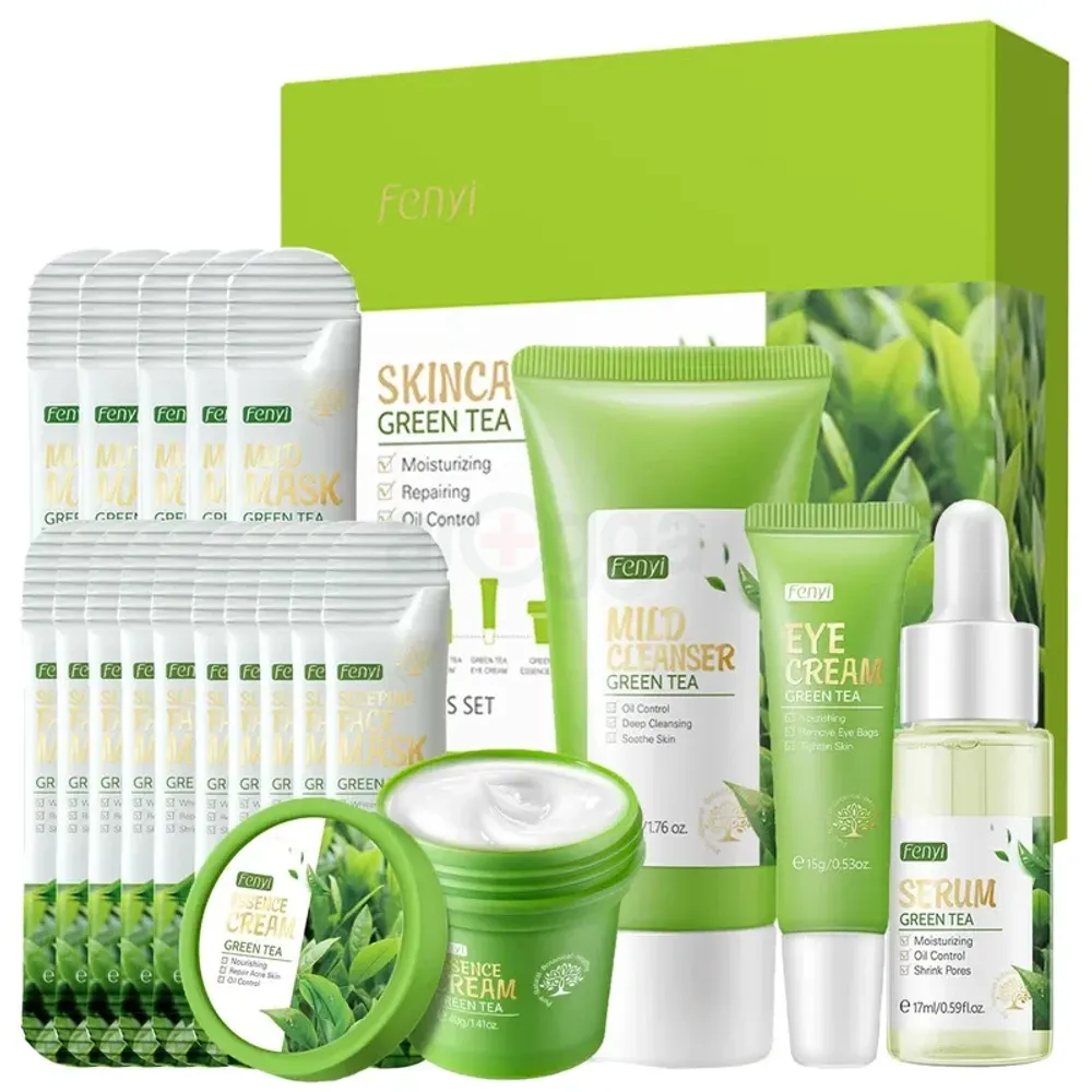 Fenyi Skincare Green Tea Set (Cleanser, Serum, Eye Cream, Essence Cream, Sleeping Face Mask & Mud Mask)