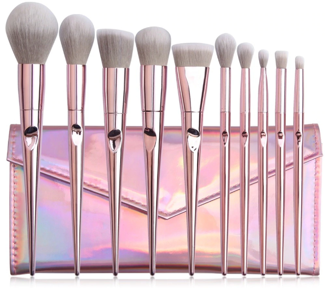 MAANGE 10 Piece Makeup Brush Set Metal Pink With Pouch